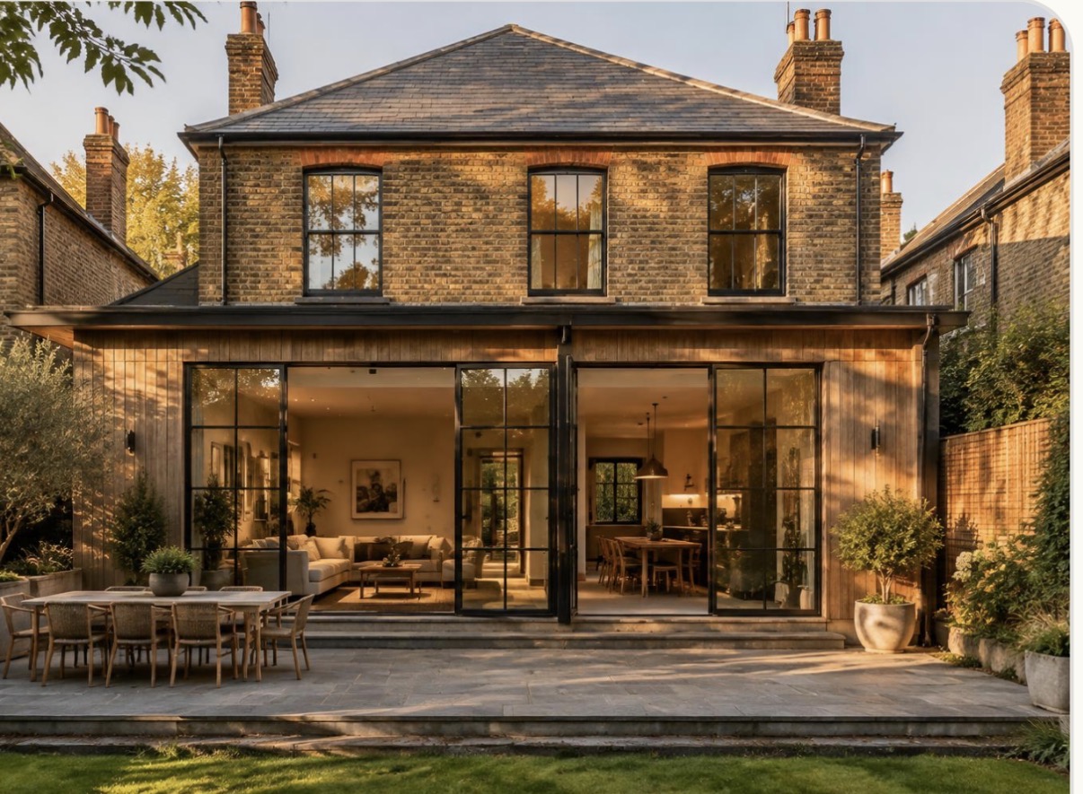 Brick home with a timber-clad rear addition and black steel glass doors opening to a stone patio