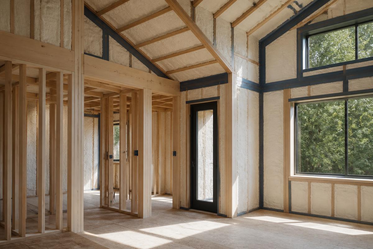 New home under construction with exposed framing and insulation