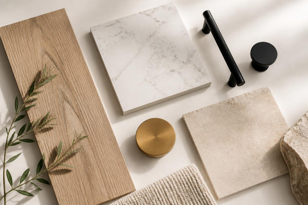 White oak flooring, quartz, limestone tile and hardware selection samples