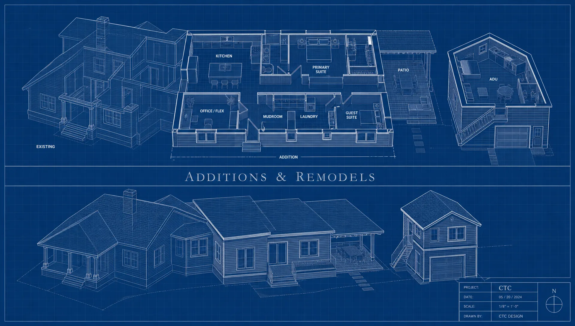 Isometric blueprint cutaway of a home addition showing the existing house, new kitchen, primary suite, guest suite, office and flex room, mudroom, laundry, patio and a detached ADU above a garage