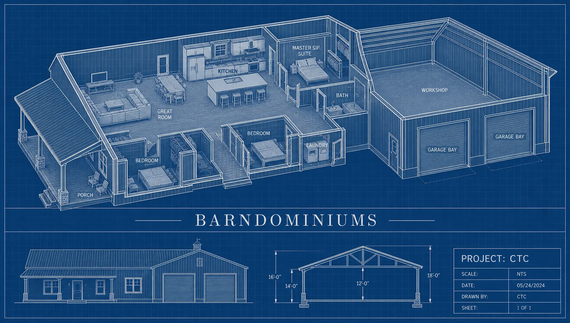Isometric blueprint cutaway of a barndominium showing great room, kitchen with island, master suite, two bedrooms, bath, laundry, covered porch, workshop and two garage bays